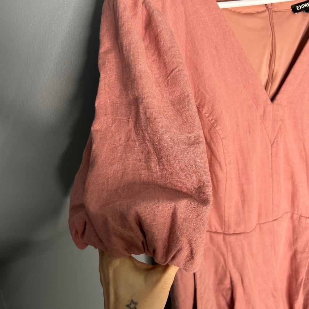 Express Womens XL Rose Pink Linen Blend Puff Sleeve V-Neck Romper Jumpsuit - Picture 9 of 9